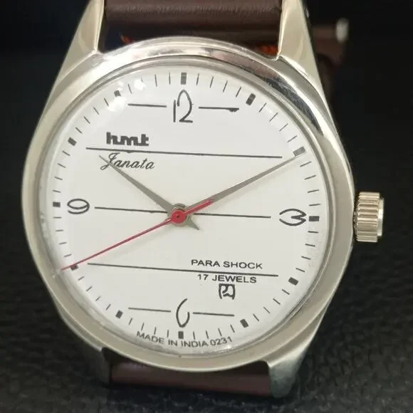 Vintage 1971 HMT Manual Wound Mens Silver Watch W/daydate & Black accents - Picture 3 of 9